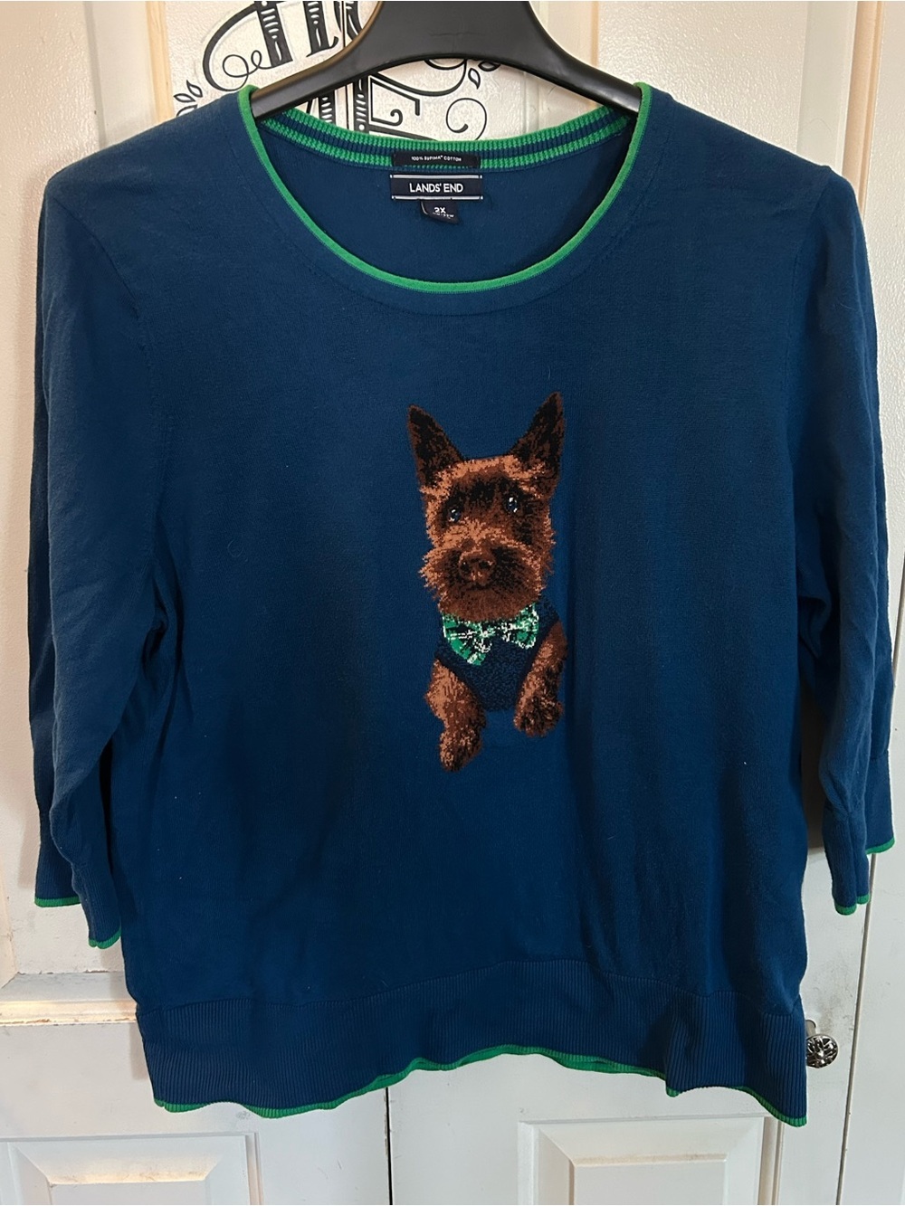 Lands' End Scottie Dog Print ‘Dapper Dog’Sweater Blue 100% Supima Cotton Size 2X